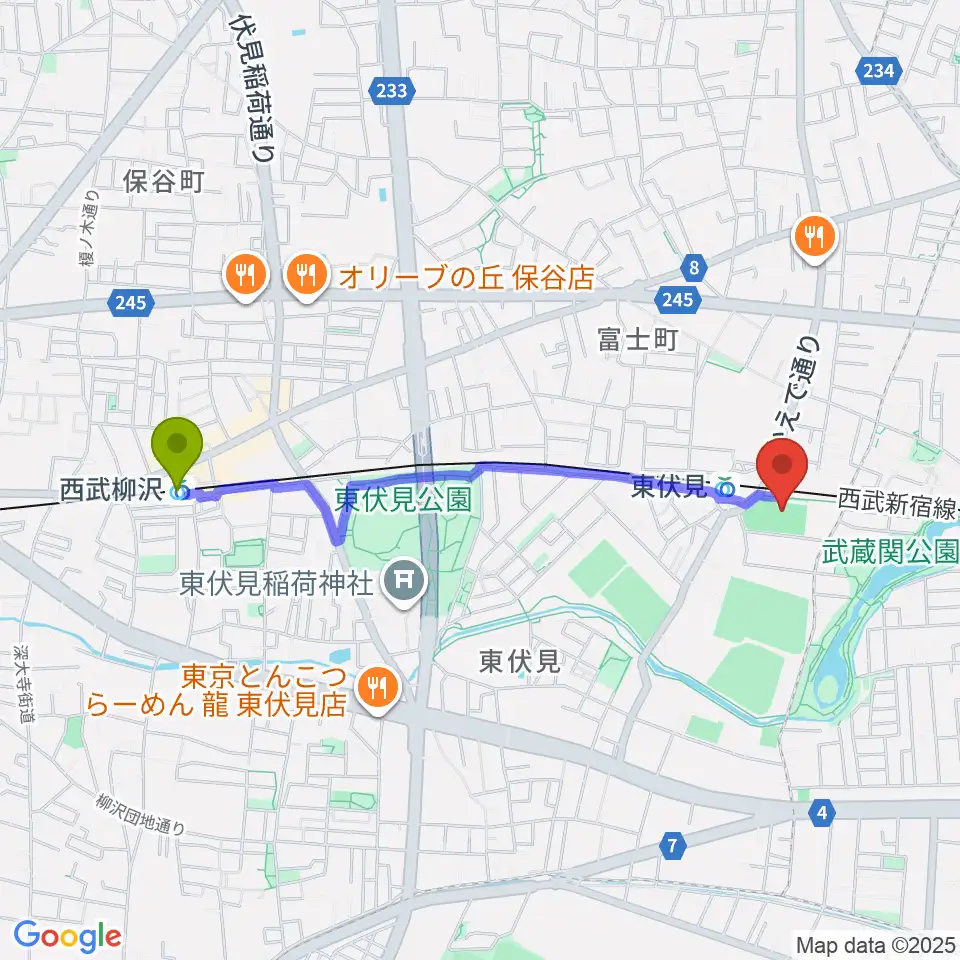 西武柳沢駅からダイドードリンコアイスアリーナへのルートマップ地図