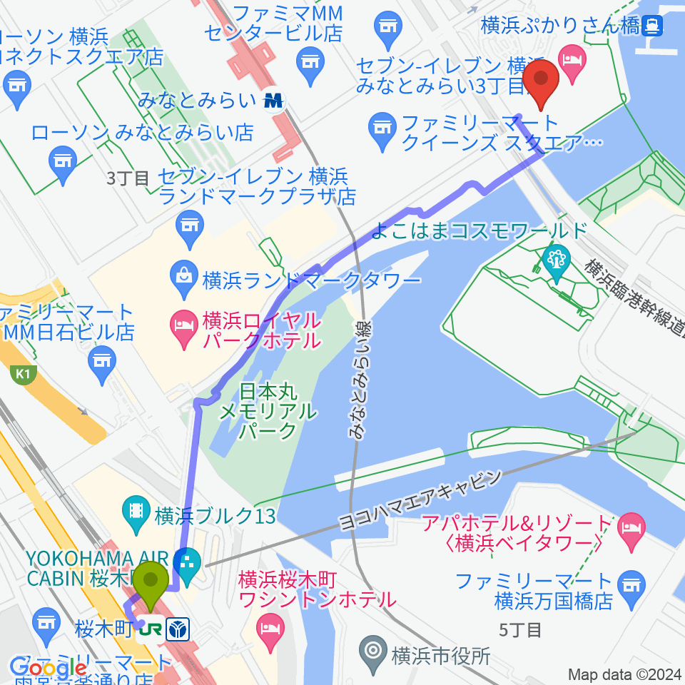 桜木町駅からパシフィコ横浜 会議センターへのルートマップ地図