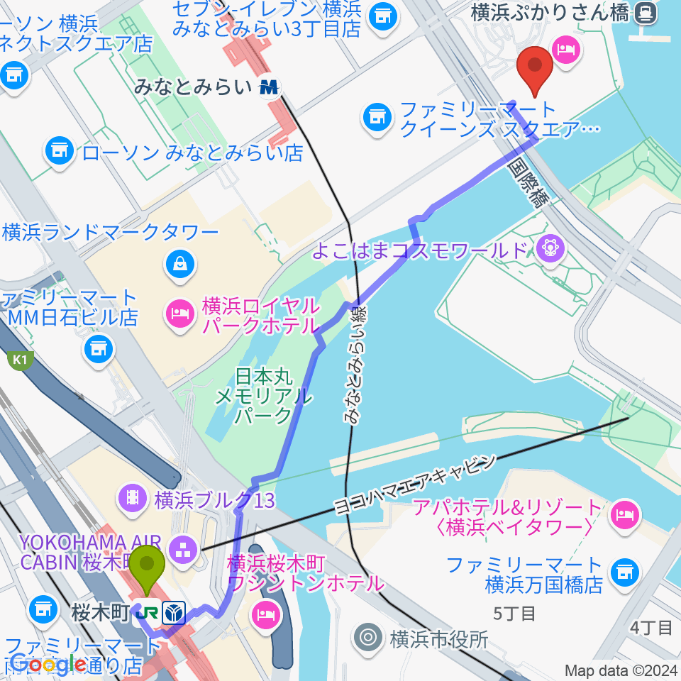 桜木町駅からパシフィコ横浜 会議センターへのルートマップ地図