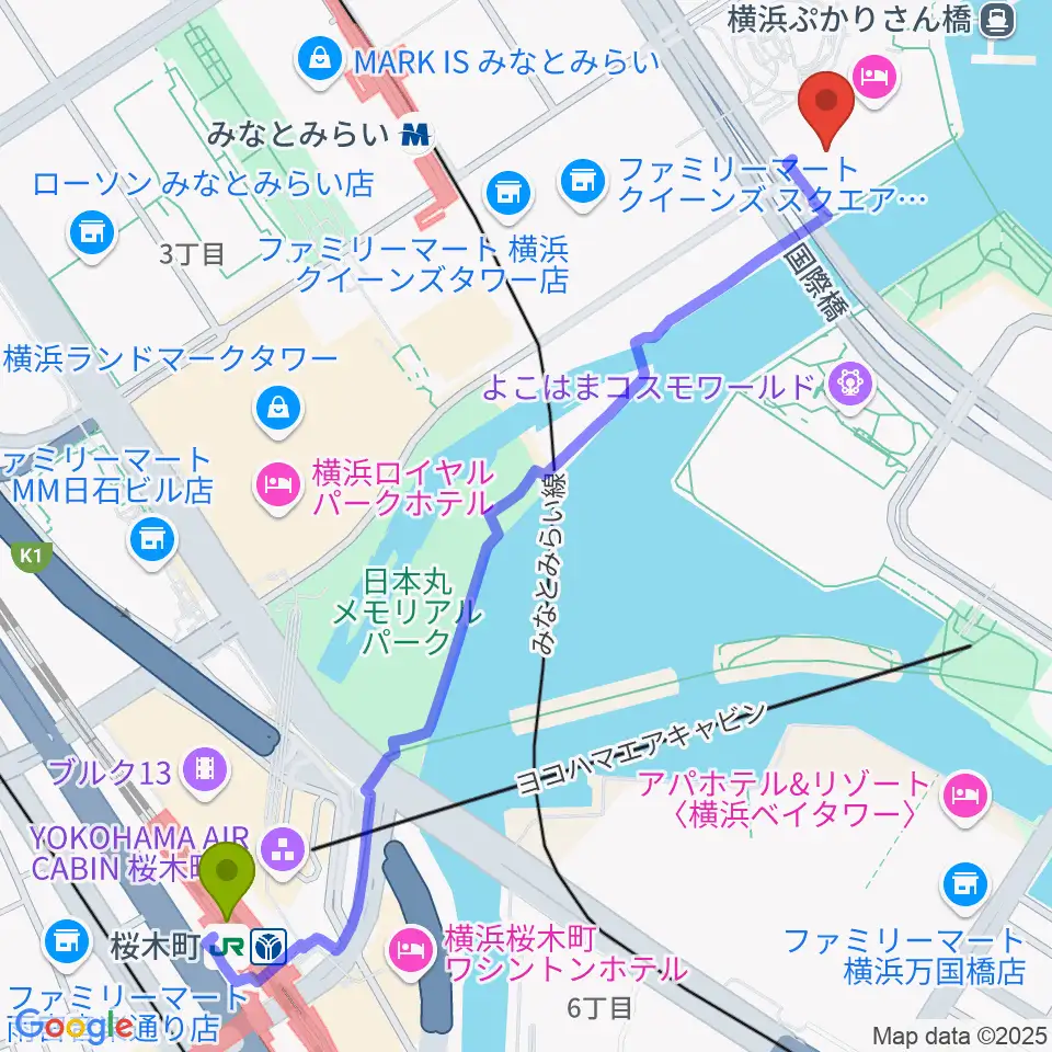 桜木町駅からパシフィコ横浜 会議センターへのルートマップ地図