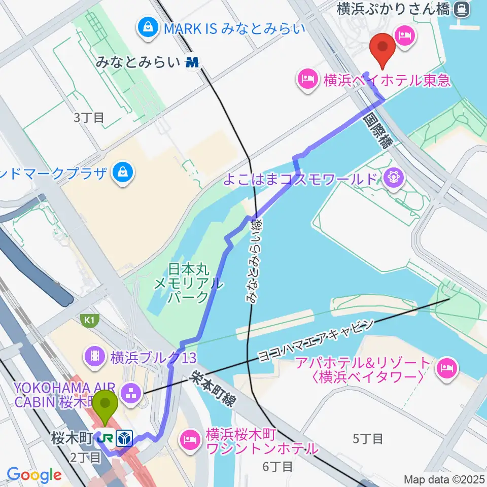 桜木町駅からパシフィコ横浜 会議センターへのルートマップ地図