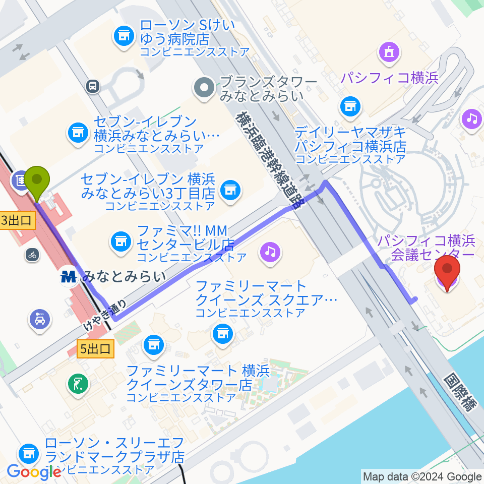 パシフィコ横浜 会議センターの最寄駅みなとみらい駅からの徒歩ルート（約7分）地図