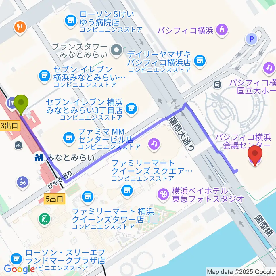 パシフィコ横浜 会議センターの最寄駅みなとみらい駅からの徒歩ルート（約7分）地図