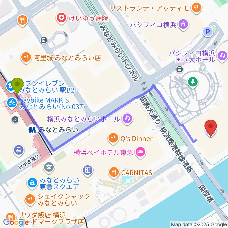 パシフィコ横浜 会議センターの最寄駅みなとみらい駅からの徒歩ルート（約7分）地図