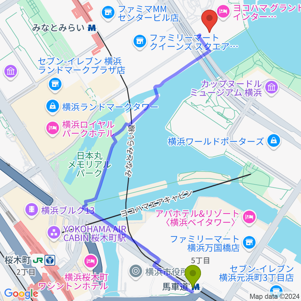 馬車道駅からパシフィコ横浜 会議センターへのルートマップ地図