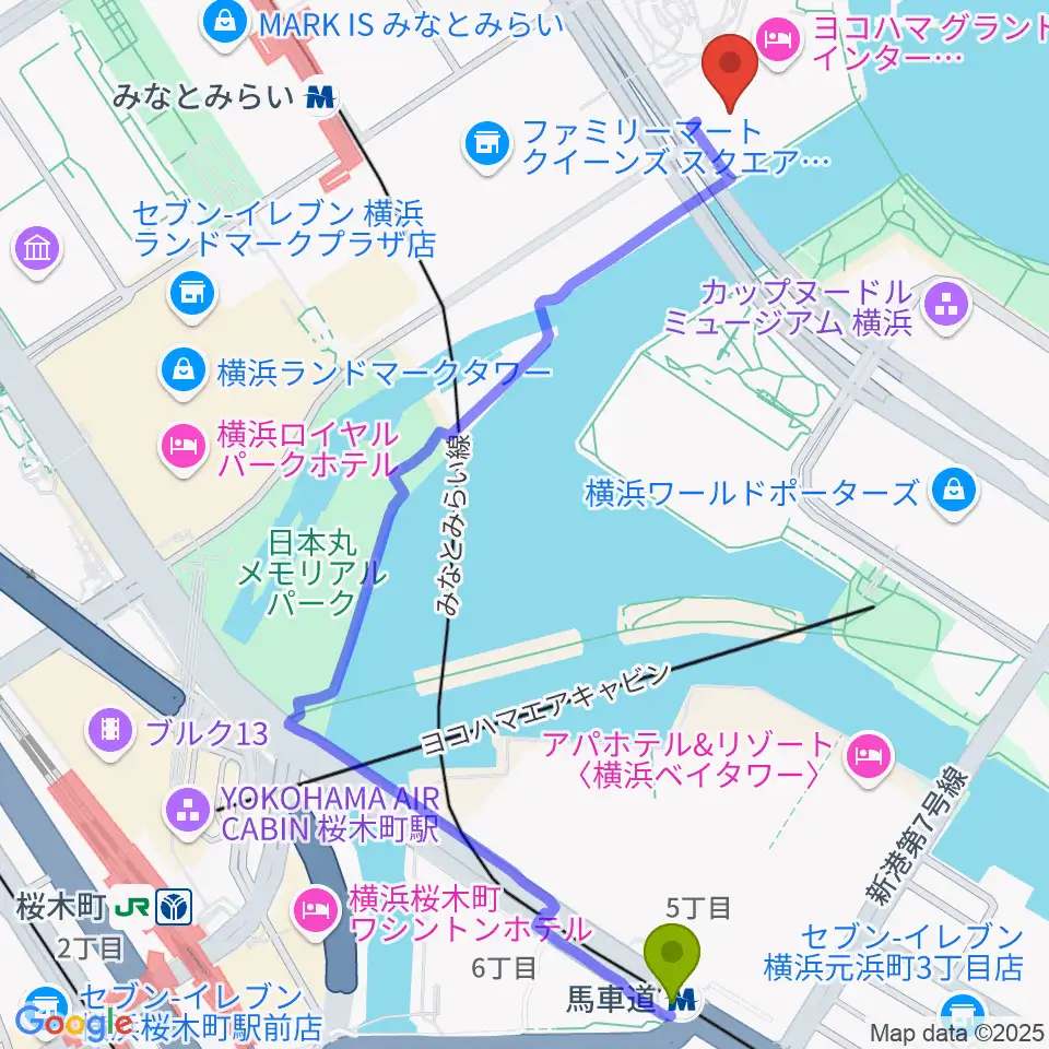 馬車道駅からパシフィコ横浜 会議センターへのルートマップ地図