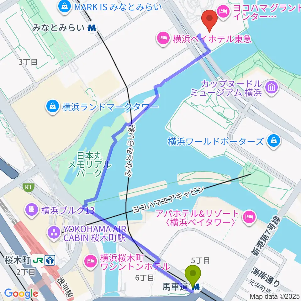 馬車道駅からパシフィコ横浜 会議センターへのルートマップ地図