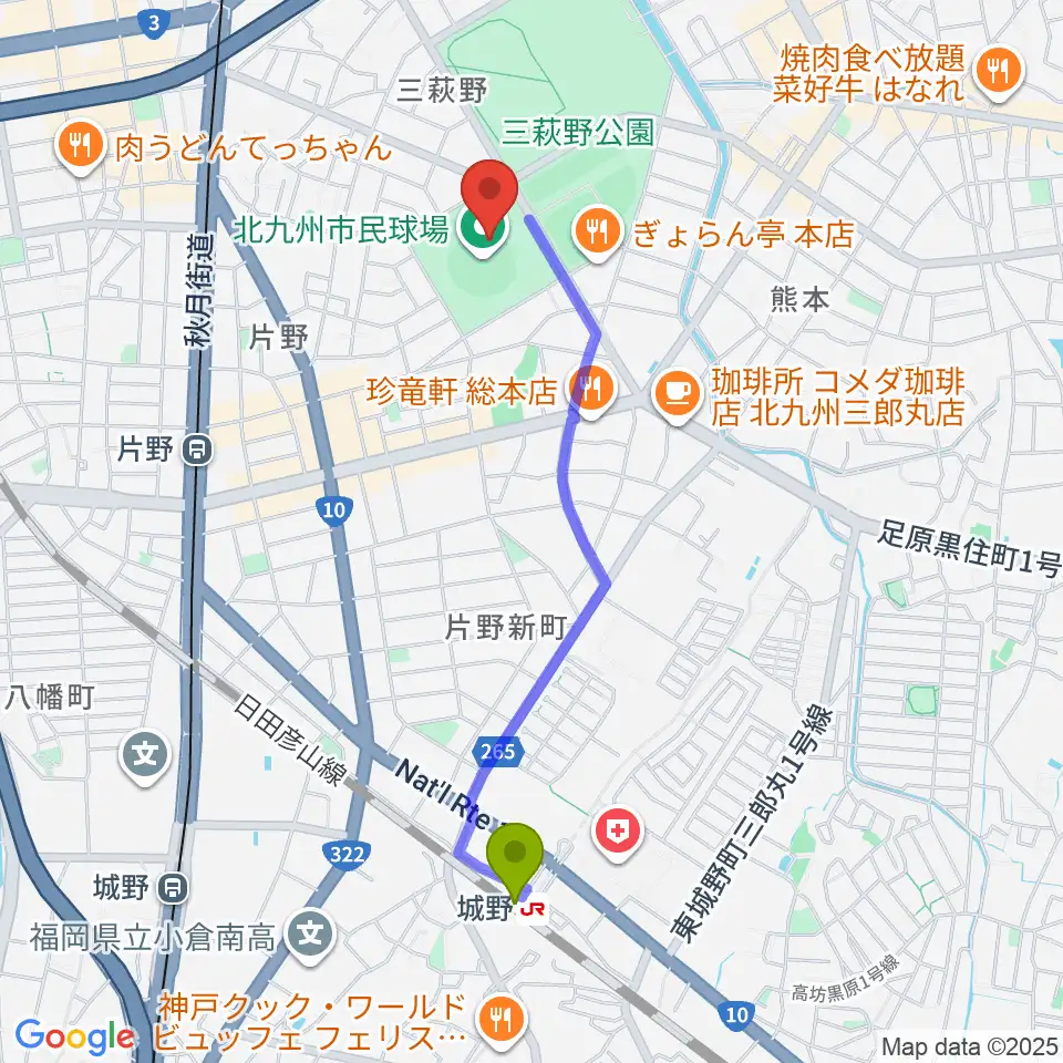 城野駅から北九州市民球場へのルートマップ地図