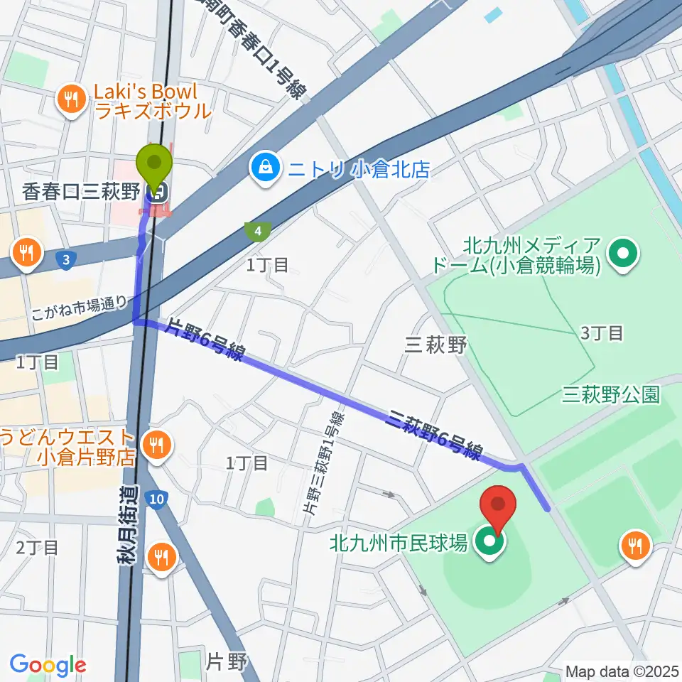 香春口三萩野駅から北九州市民球場へのルートマップ地図