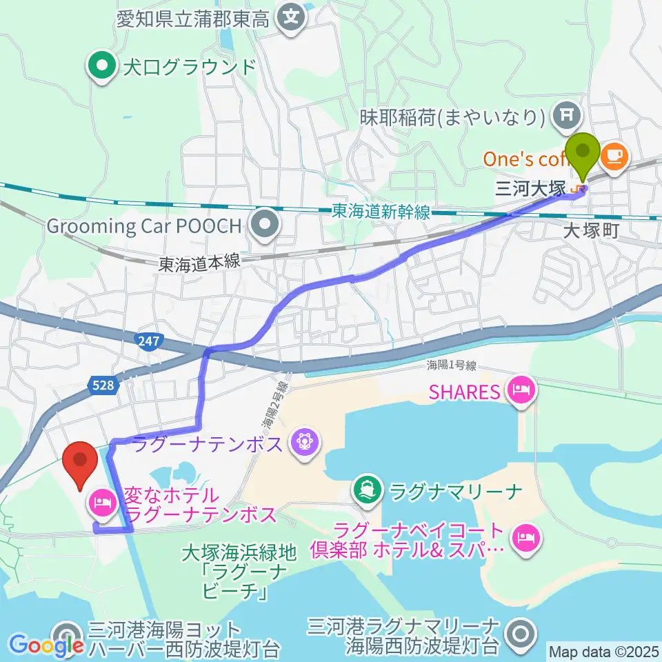 ラグーナテンボス アートシアターの最寄駅三河大塚駅からの徒歩ルート（約28分）地図
