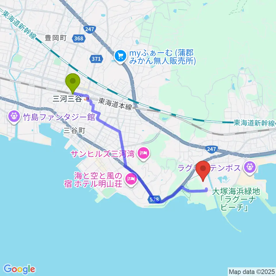 三河三谷駅からラグーナテンボス アートシアターへのルートマップ地図