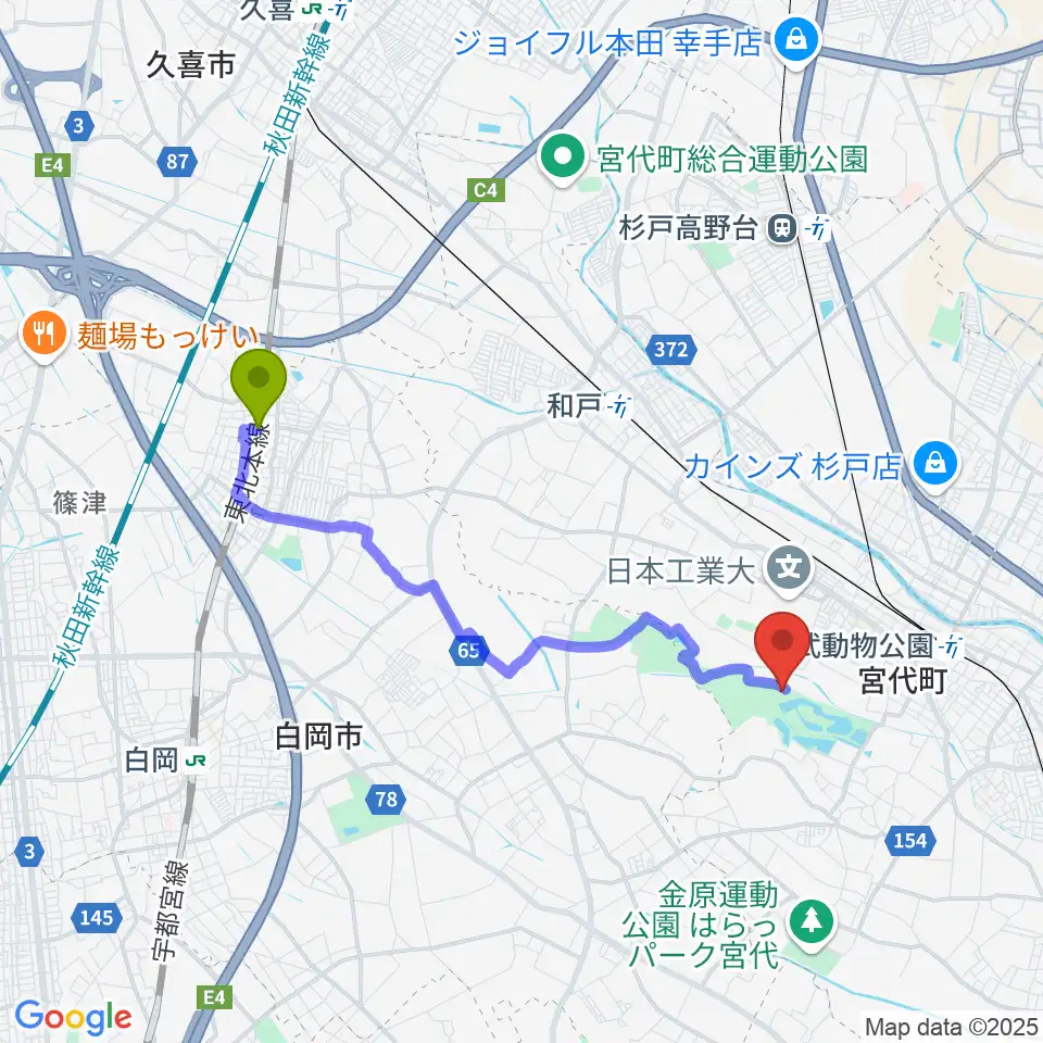 新白岡駅から東武動物公園HOLA！へのルートマップ地図