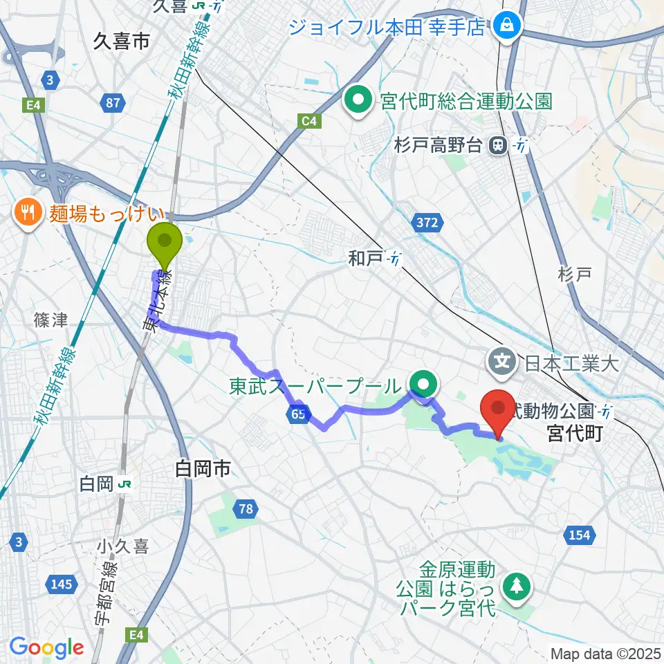 新白岡駅から東武動物公園HOLA！へのルートマップ地図