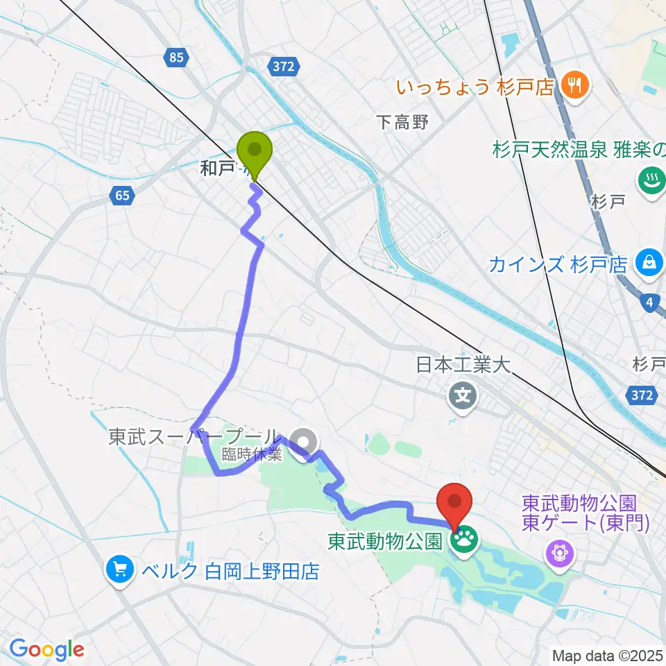 和戸駅から東武動物公園HOLA！へのルートマップ地図