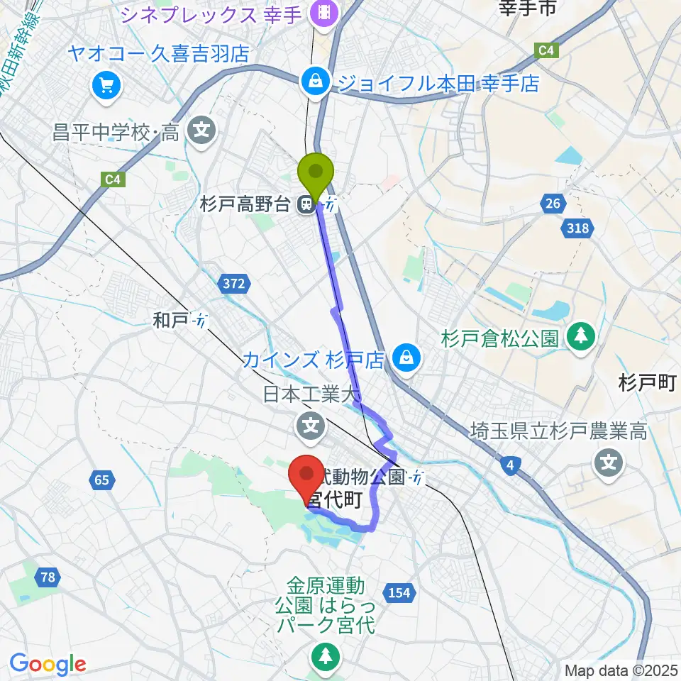 杉戸高野台駅から東武動物公園HOLA！へのルートマップ地図