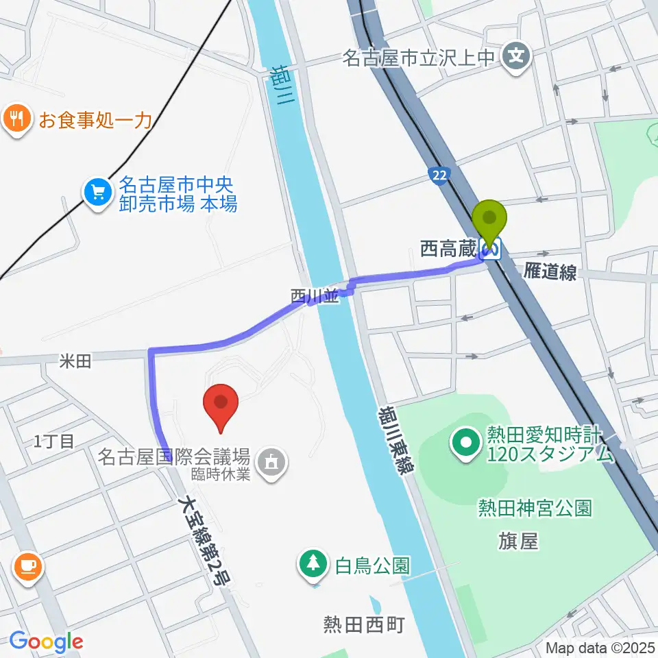 西高蔵駅から名古屋国際会議場イベントホールへのルートマップ地図