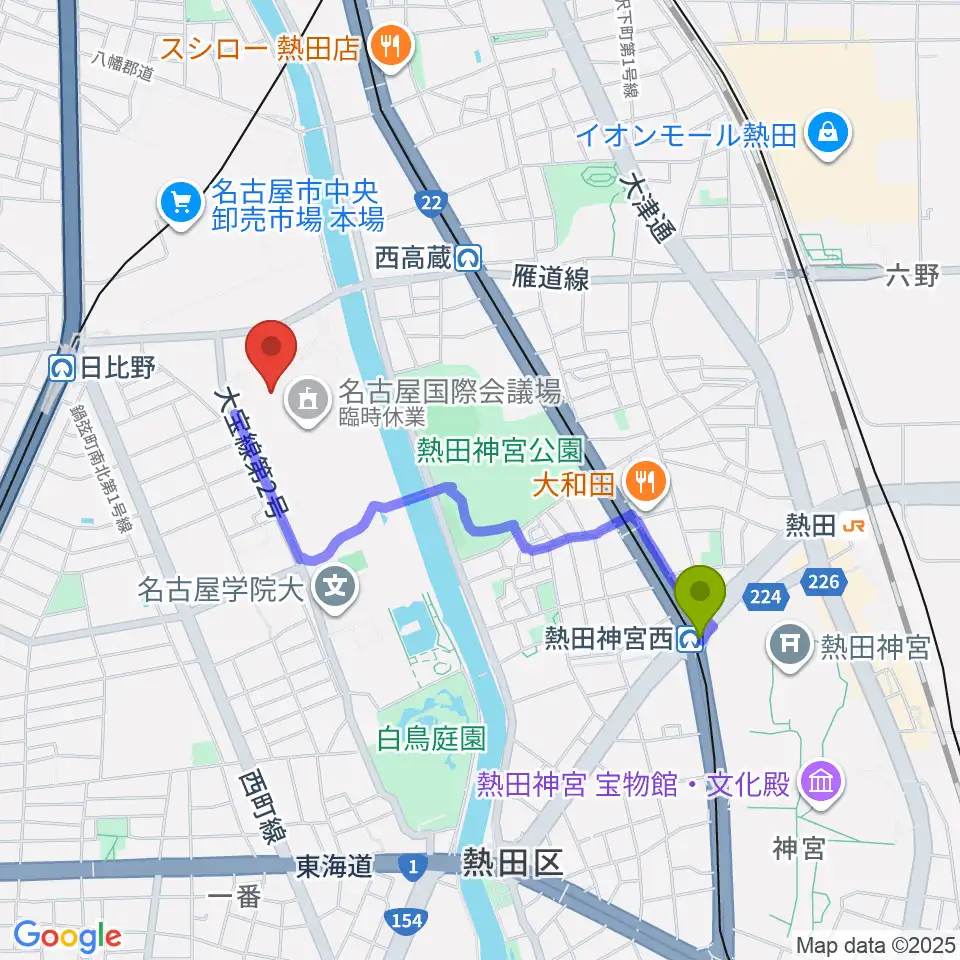 神宮西駅から名古屋国際会議場イベントホールへのルートマップ地図