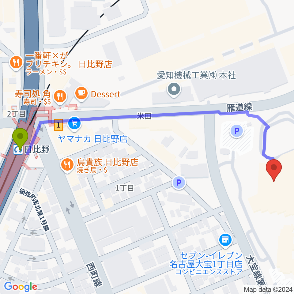 名古屋国際会議場イベントホールの最寄駅日比野駅からの徒歩ルート（約7分）地図