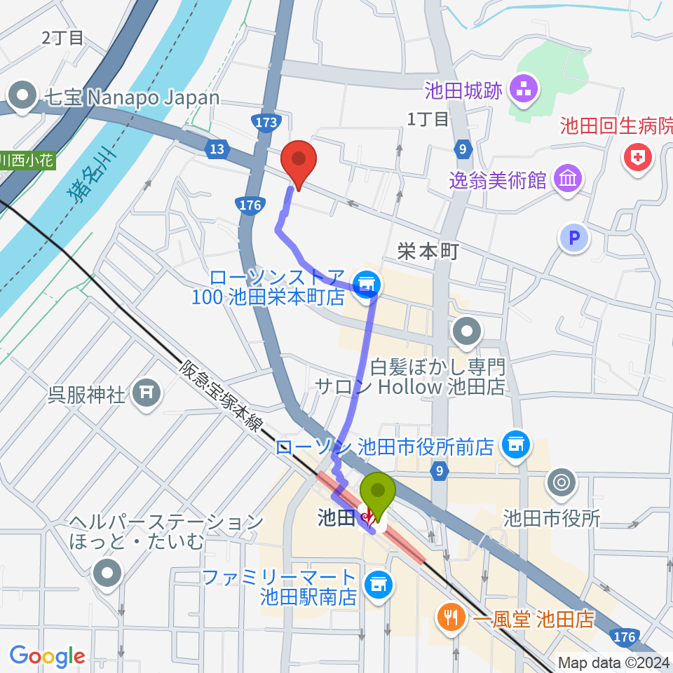 池田呉服座の最寄駅池田駅からの徒歩ルート（約8分）地図