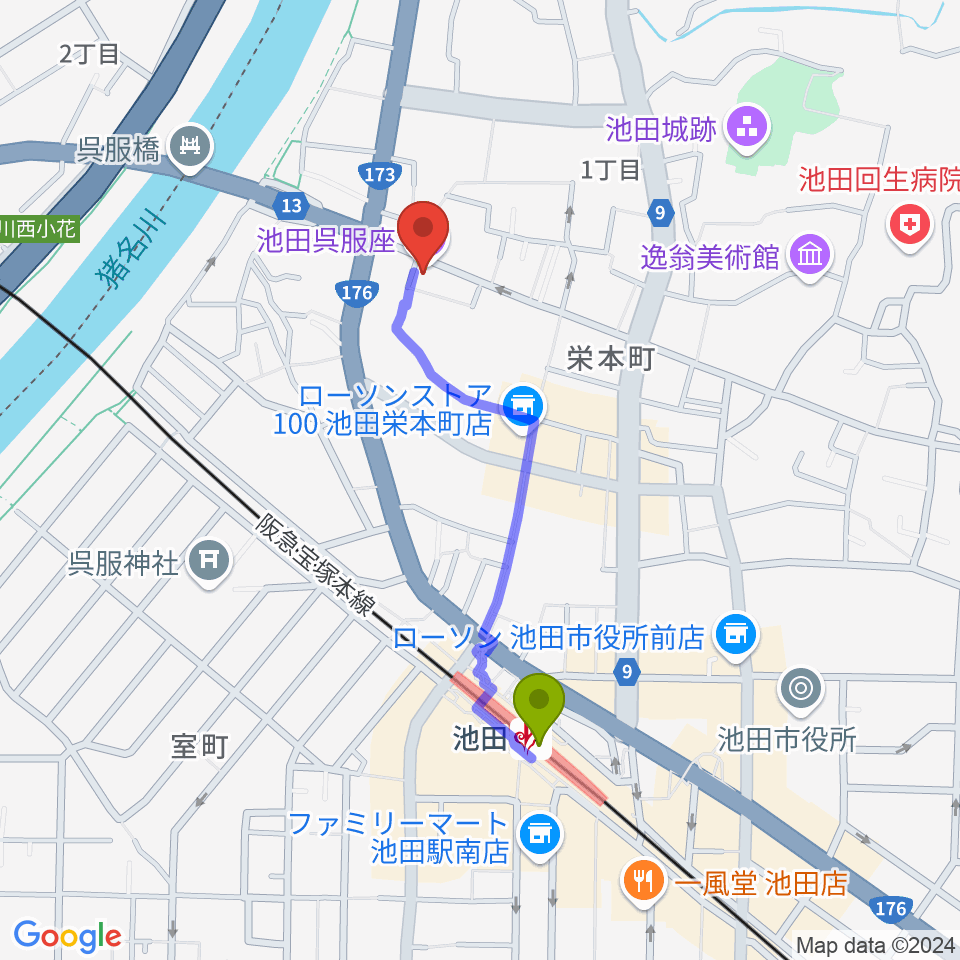 池田呉服座の最寄駅池田駅からの徒歩ルート（約8分）地図