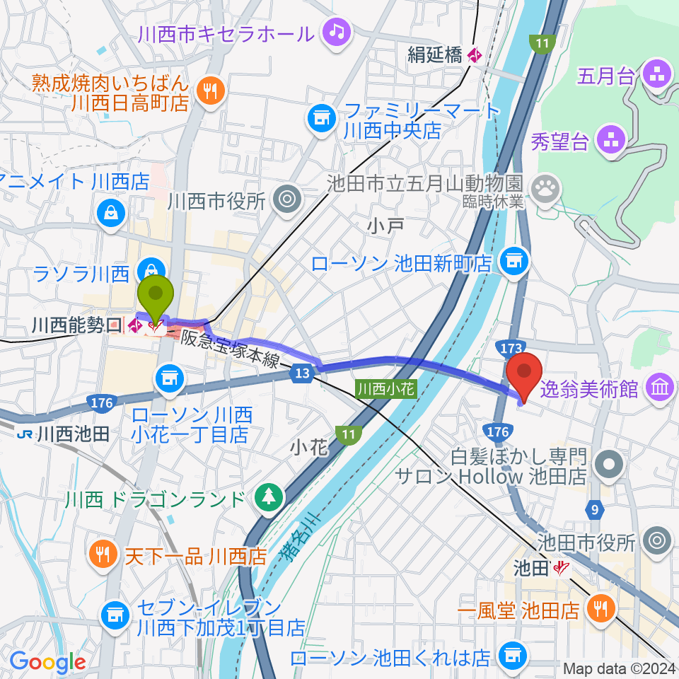 川西能勢口駅から池田呉服座へのルートマップ地図