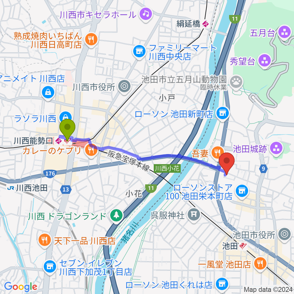 川西能勢口駅から池田呉服座へのルートマップ地図