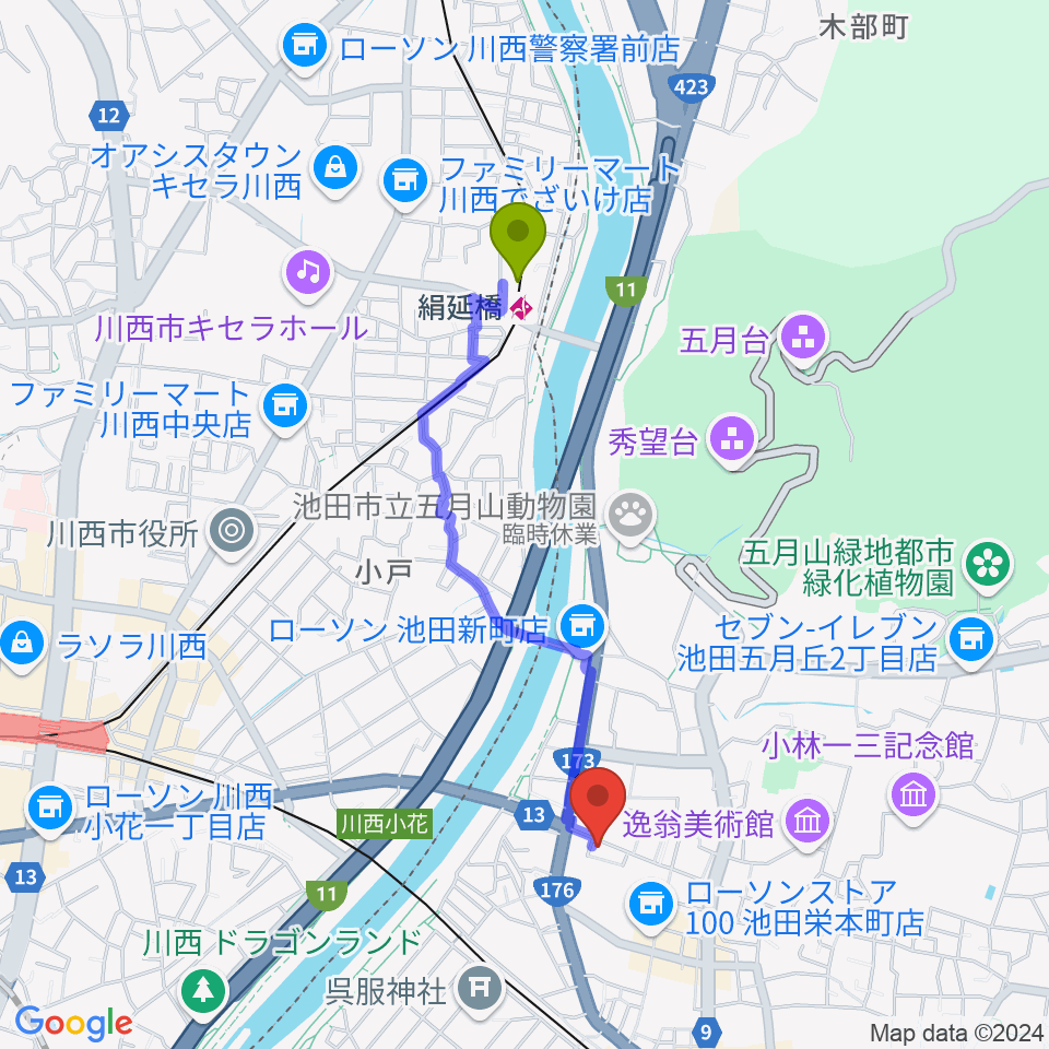 絹延橋駅から池田呉服座へのルートマップ地図