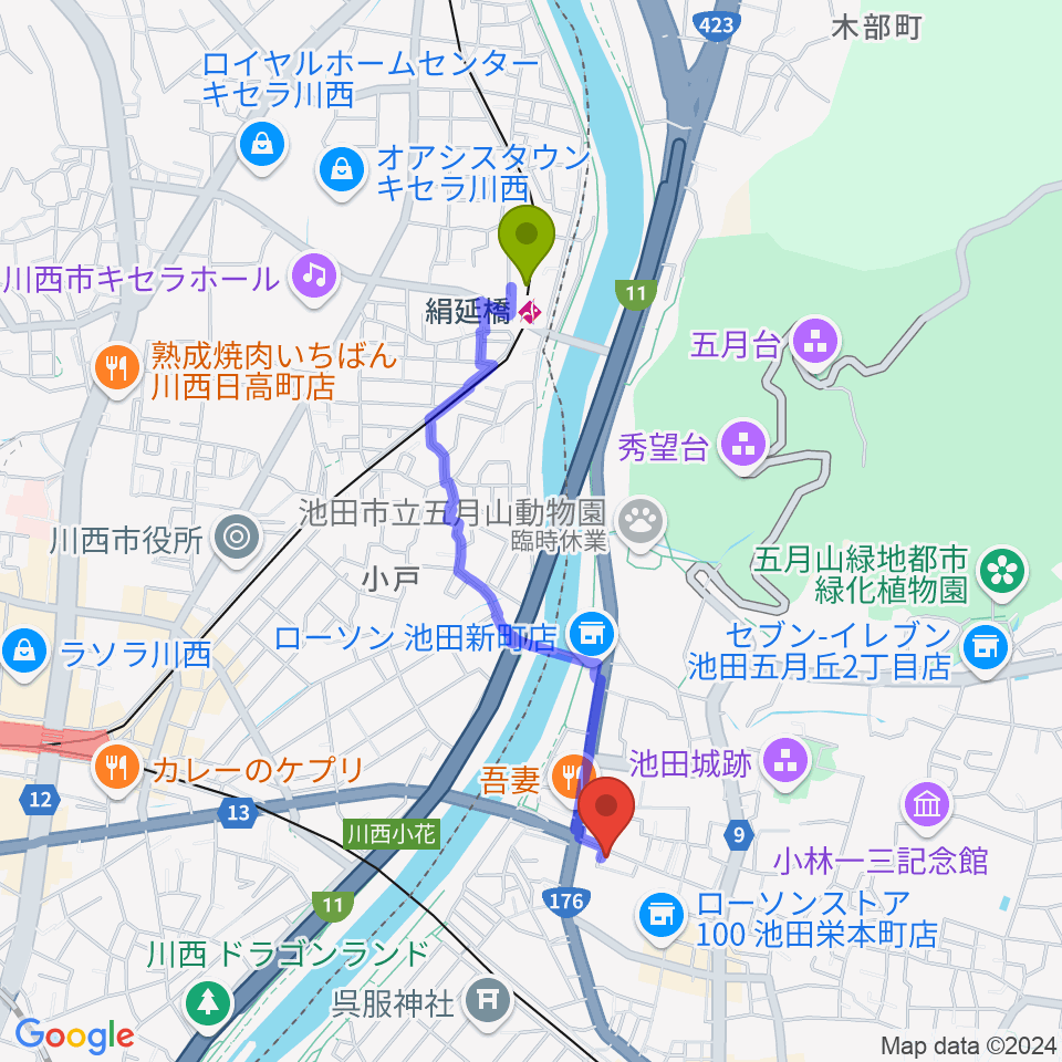 絹延橋駅から池田呉服座へのルートマップ地図