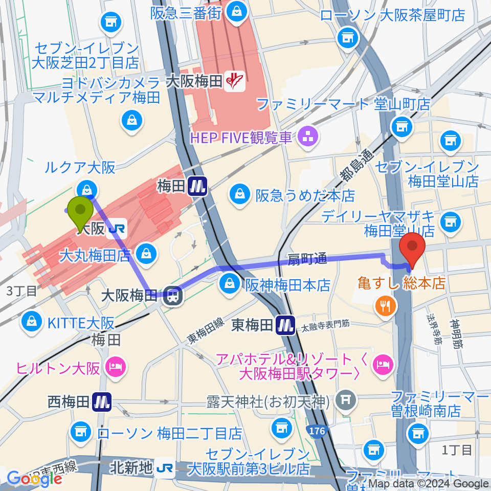 大阪駅から梅田呉服座へのルートマップ地図