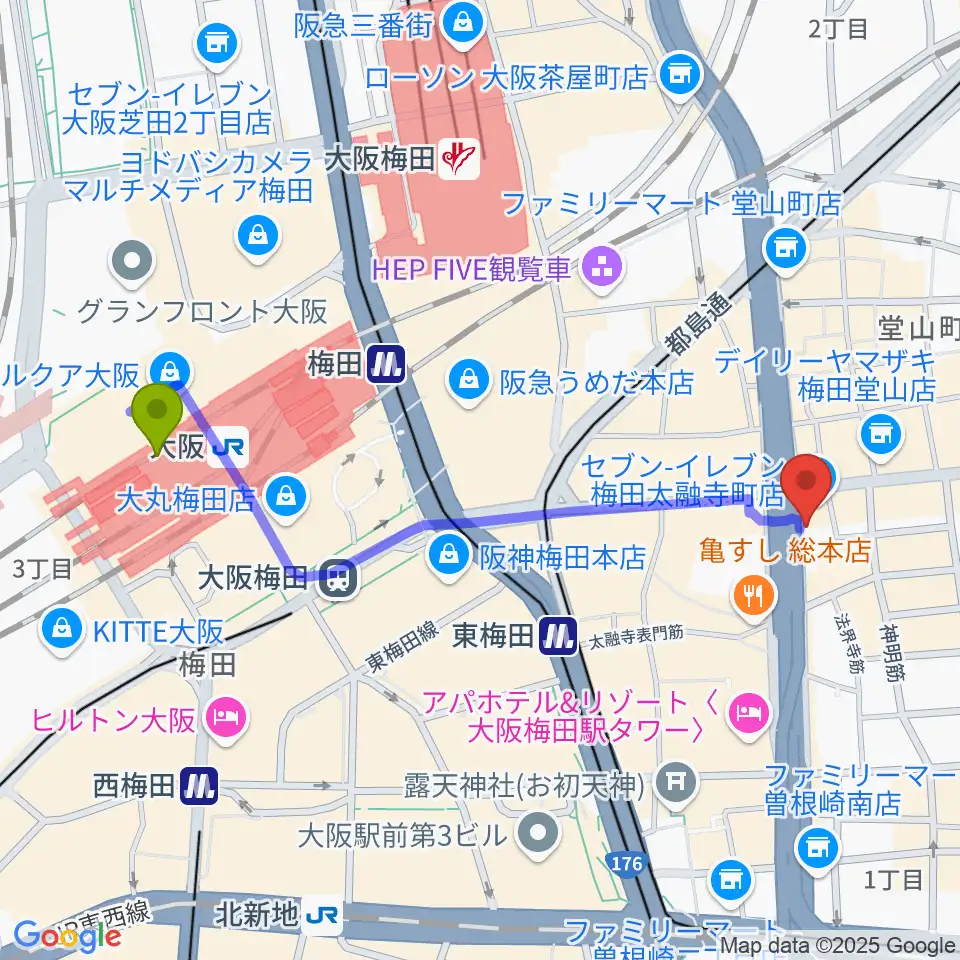 大阪駅から梅田呉服座へのルートマップ地図