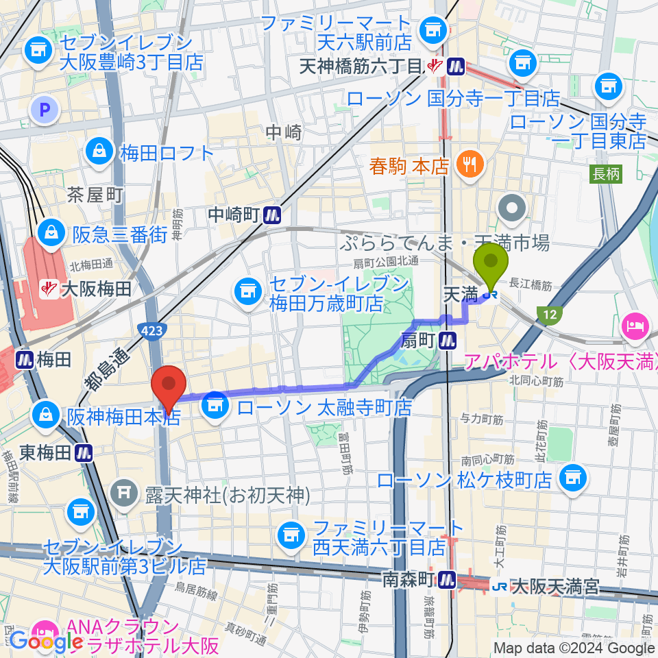 天満駅から梅田呉服座へのルートマップ地図