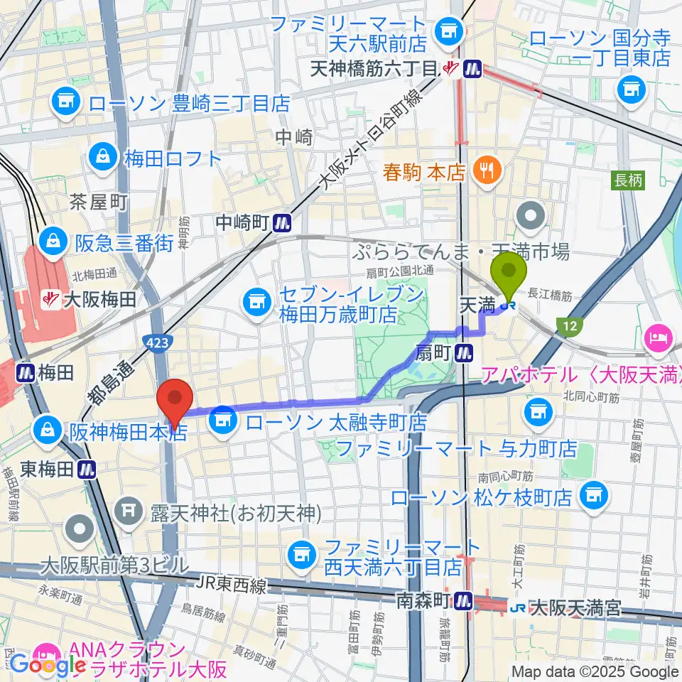 天満駅から梅田呉服座へのルートマップ地図