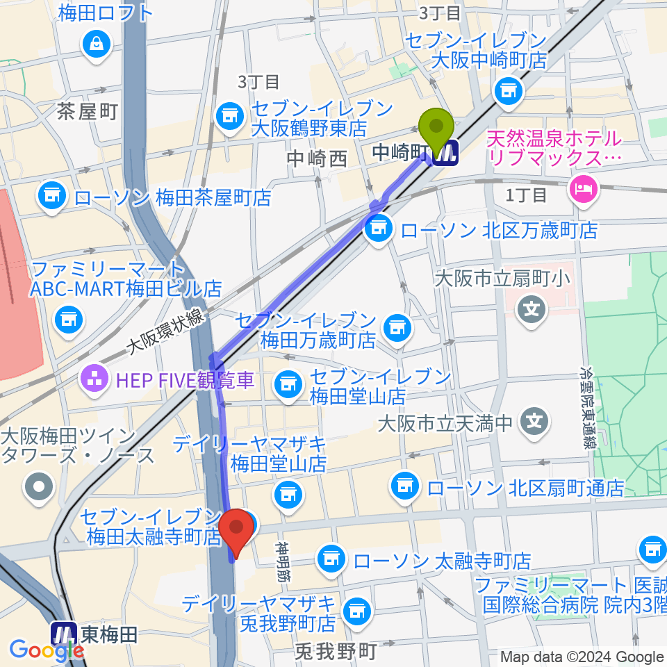 梅田呉服座の最寄駅中崎町駅からの徒歩ルート（約11分）地図