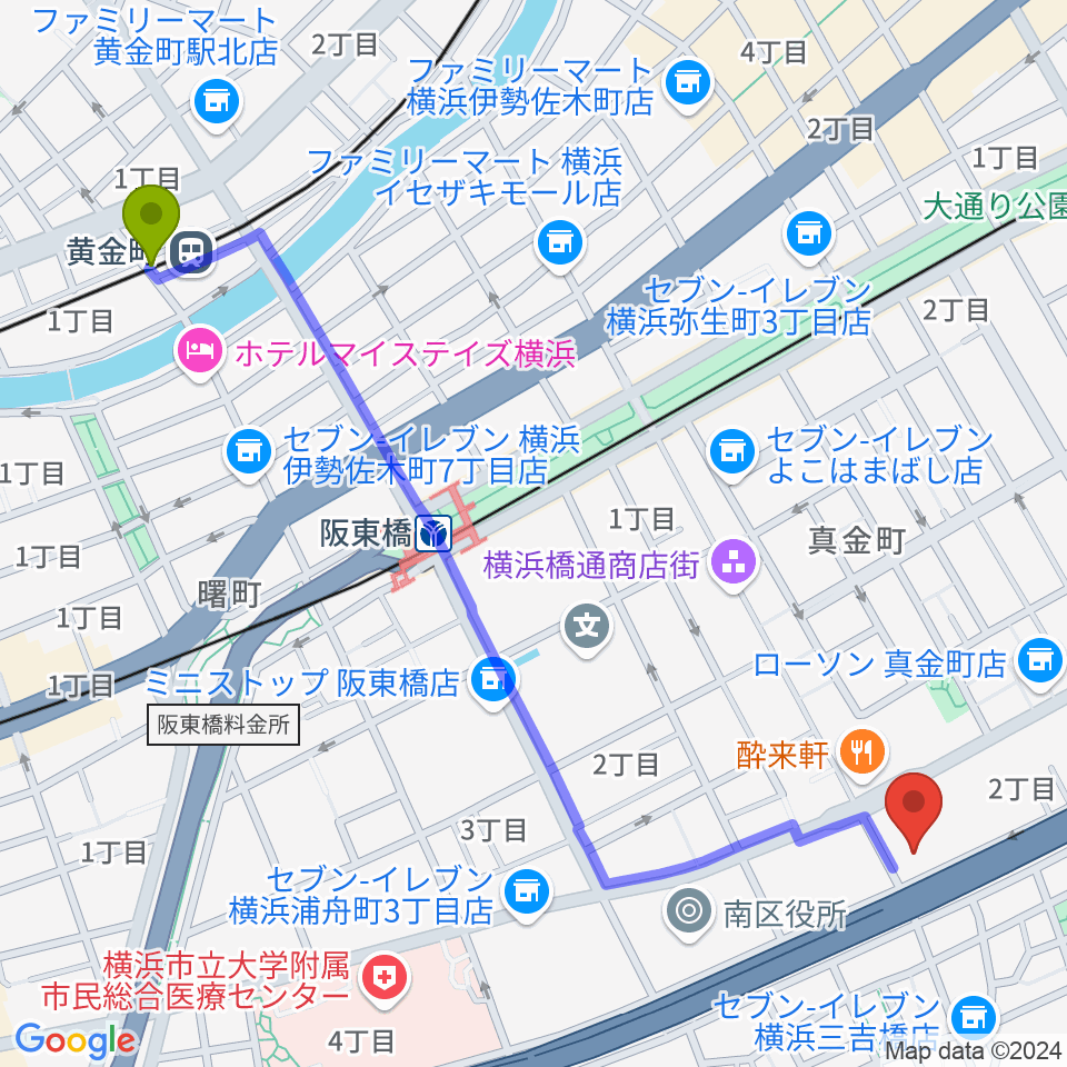 黄金町駅から三吉演芸場へのルートマップ地図