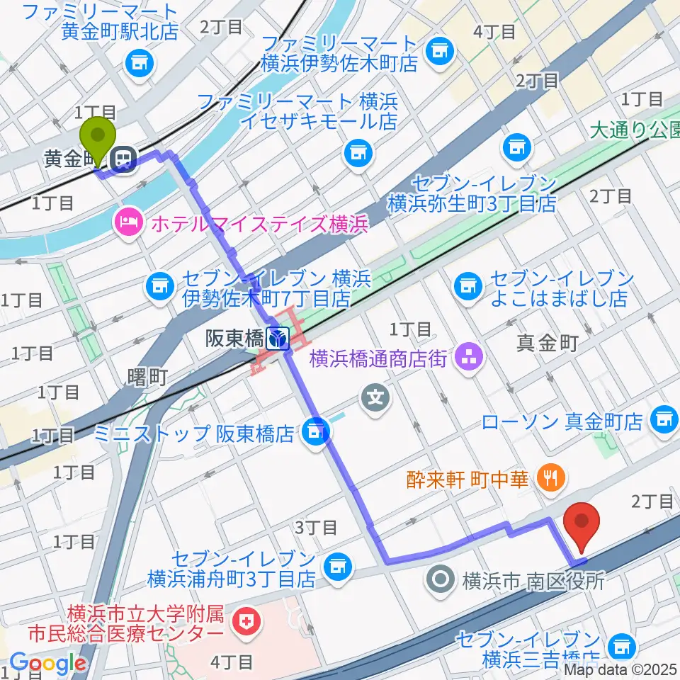 黄金町駅から三吉演芸場へのルートマップ地図