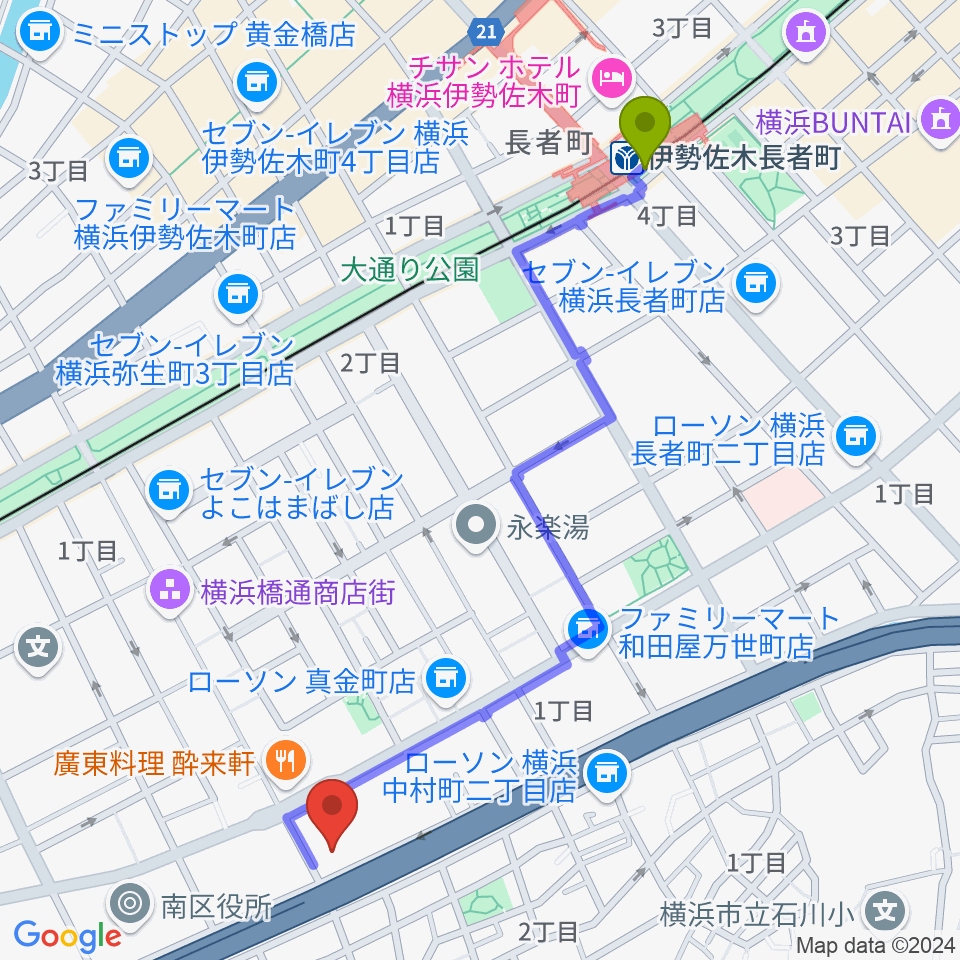 伊勢佐木長者町駅から三吉演芸場へのルートマップ地図