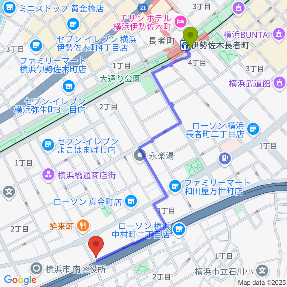 伊勢佐木長者町駅から三吉演芸場へのルートマップ地図