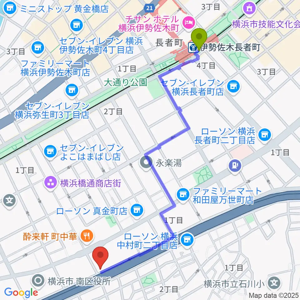 伊勢佐木長者町駅から三吉演芸場へのルートマップ地図