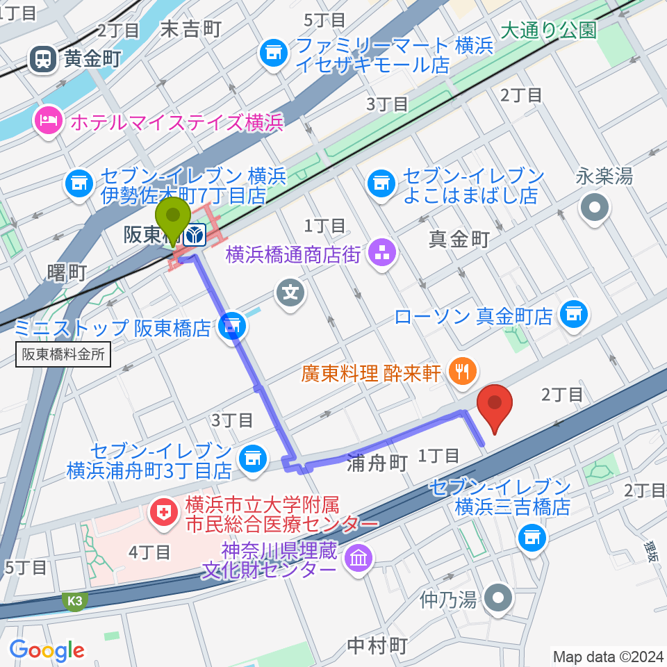 三吉演芸場の最寄駅阪東橋駅からの徒歩ルート（約9分）地図