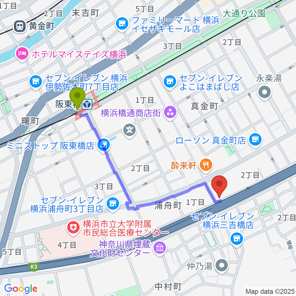 三吉演芸場の最寄駅阪東橋駅からの徒歩ルート（約9分）地図