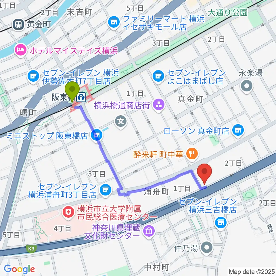 三吉演芸場の最寄駅阪東橋駅からの徒歩ルート（約9分）地図