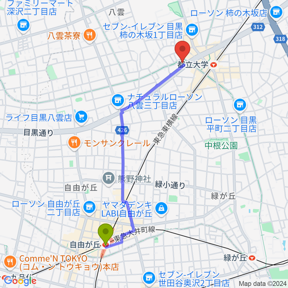 自由が丘駅からアリオーネ音楽教室都立大教室へのルートマップ地図