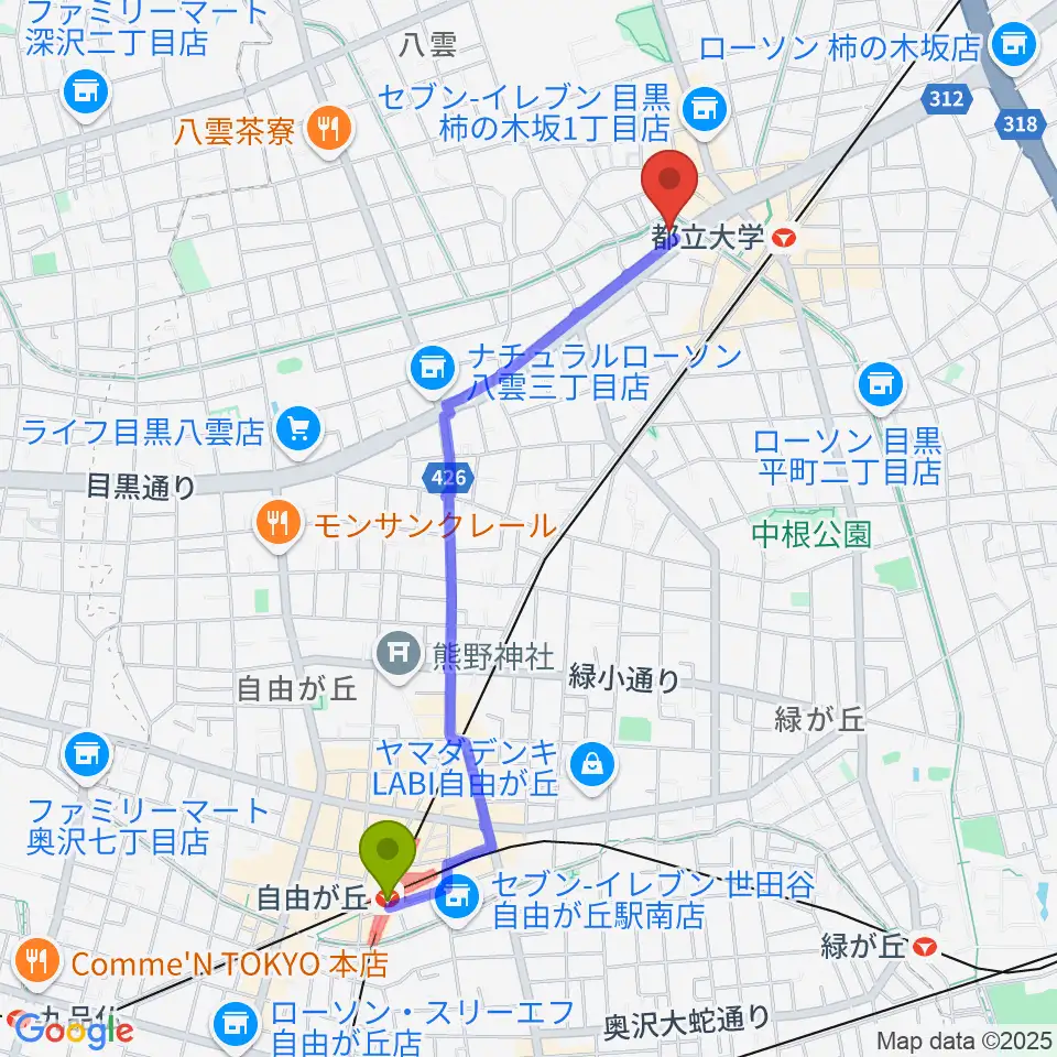 自由が丘駅からアリオーネ音楽教室都立大教室へのルートマップ地図