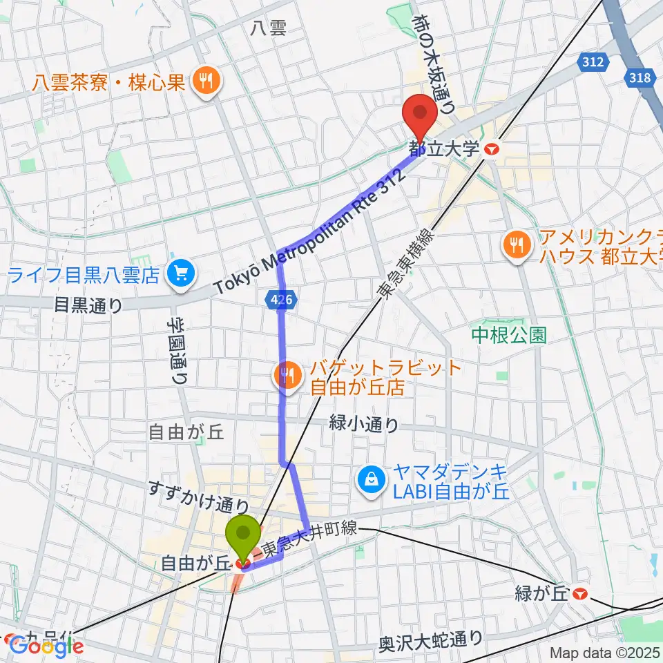 自由が丘駅からアリオーネ音楽教室都立大教室へのルートマップ地図