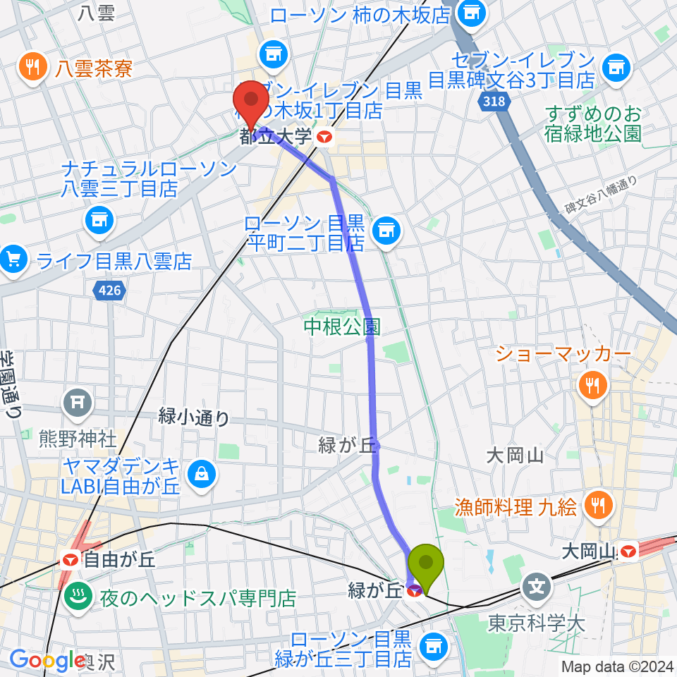 緑が丘駅からアリオーネ音楽教室都立大教室へのルートマップ地図