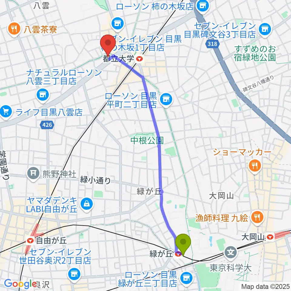 緑が丘駅からアリオーネ音楽教室都立大教室へのルートマップ地図