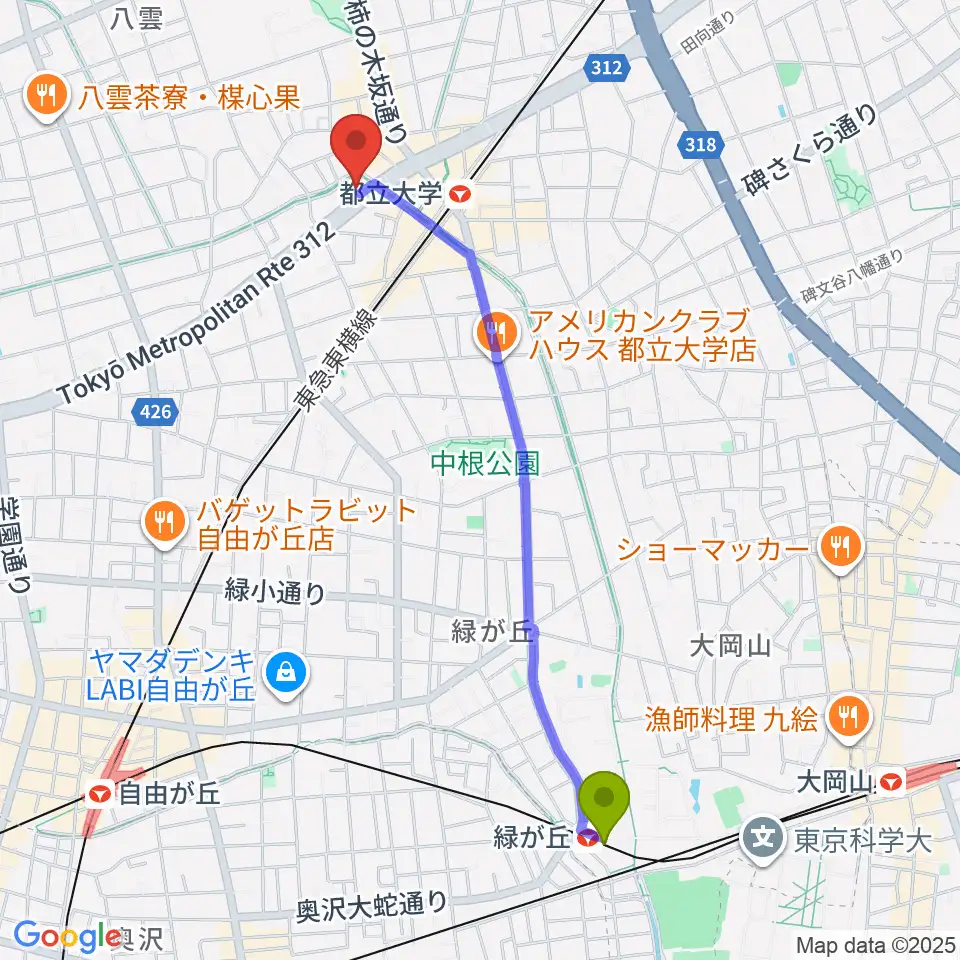 緑が丘駅からアリオーネ音楽教室都立大教室へのルートマップ地図