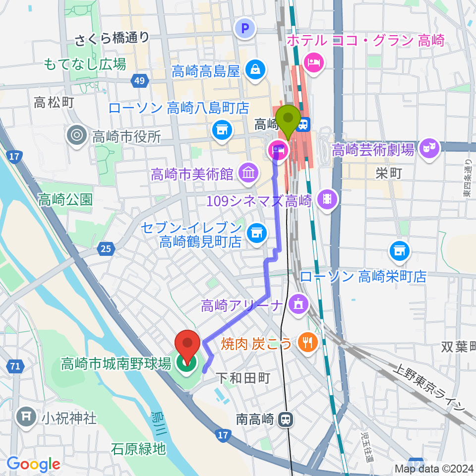 高崎駅から高崎市城南野球場へのルートマップ地図