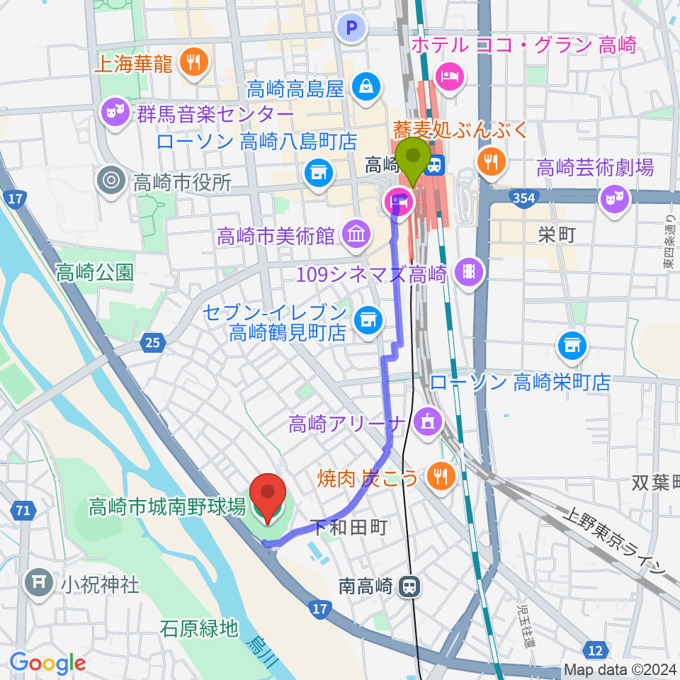 高崎駅から高崎市城南野球場へのルートマップ地図