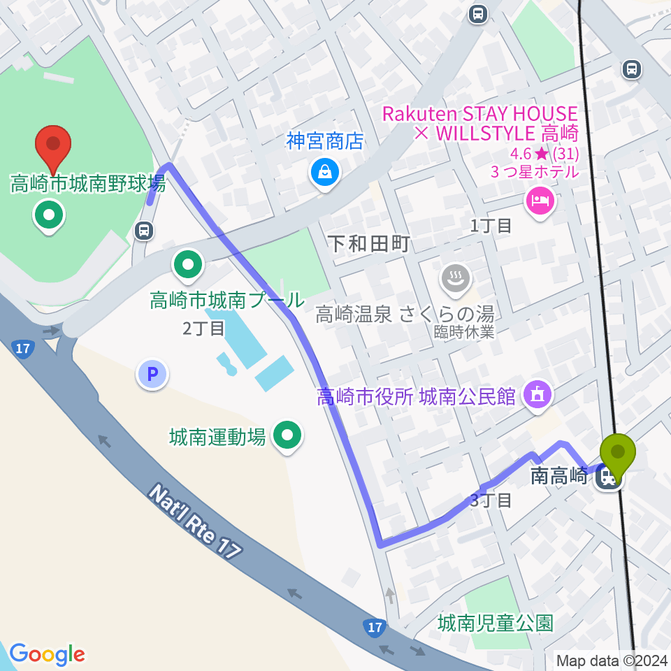 高崎市城南野球場の最寄駅南高崎駅からの徒歩ルート（約7分）地図